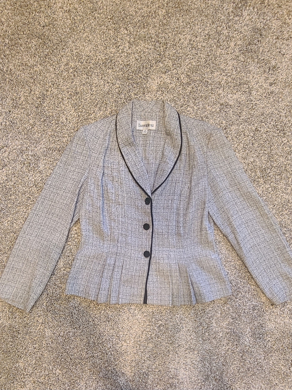 Danny & Nicole Gray Tweed Peplum Blazer with Black Trim